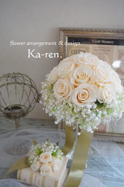 ウェディングブーケ バラとかすみ草のラウンドブーケ Flower Arrangement Design Ka Ren